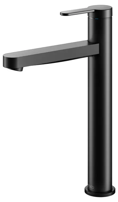 Schwarzer Wasserhahn mit langem Auslauf und seitlichem Hebel von Keuco, minimalistisches Design, geeignet für moderne Waschtische.